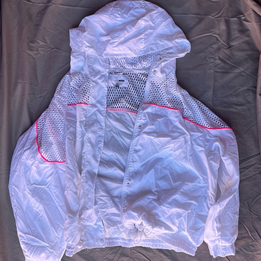 Fashion Nova White Pink Line Zipper Adjustable Jacket